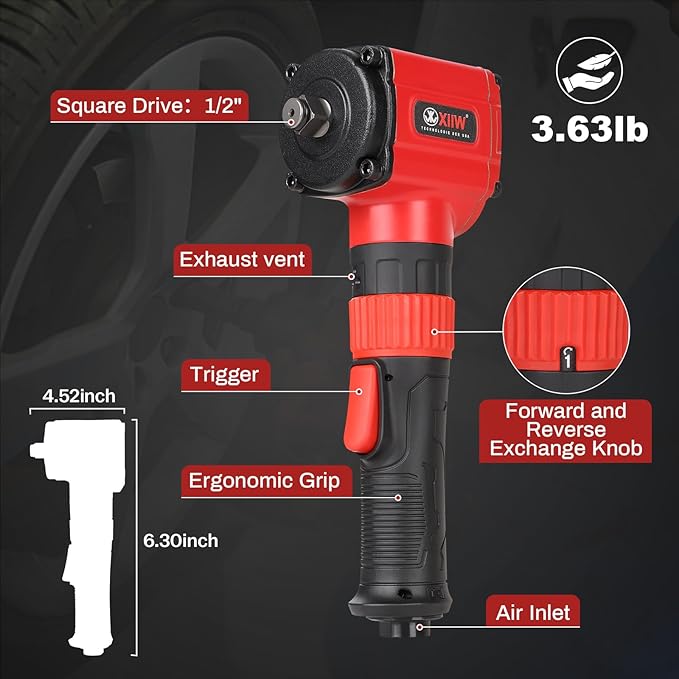 XIIW 1/2'' Angle Impact Wrench, Max Torque 910 ft-lbs, Compact Lightweight 3.63 lb Design, Heavy Duty 7500RPM 1/2 Mini Air Impact Gun Driver, Twin Hammer Pneumatic Tool