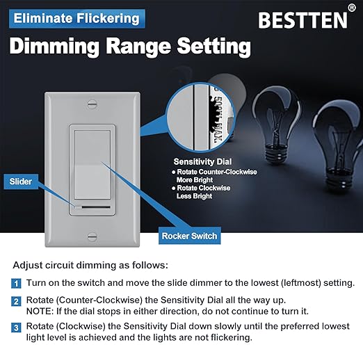 BESTTEN 10 Pack Dimmer Wall Light Switch, Compatible with Dimmable LED, CFL, Incandescent and Halogen Bulb, Single Pole or 3-Way Dimmer Switches, 120VAC, Decorator Wallplate Included, Gray