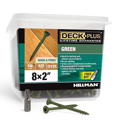 Deck Plus 48400 Exterior Wood Screws, #8 x 2, 4-Layer Epoxy Coated, Torx/Star Drive Included, Coarse Thread, Decking Screws, Outdoor Rust Resistant, Green, 625pcs