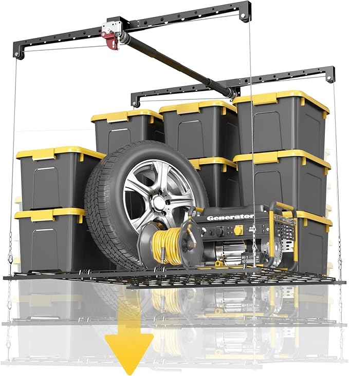 Overhead Garage Storage Rack for 8-10ft Ceiling, Heavy-duty 4x4 FT Garage Ceiling Storage Racks with Safety Lock, Ideal for Storage Mounted Lift System and Storage Organizer, 250lbs Capacity