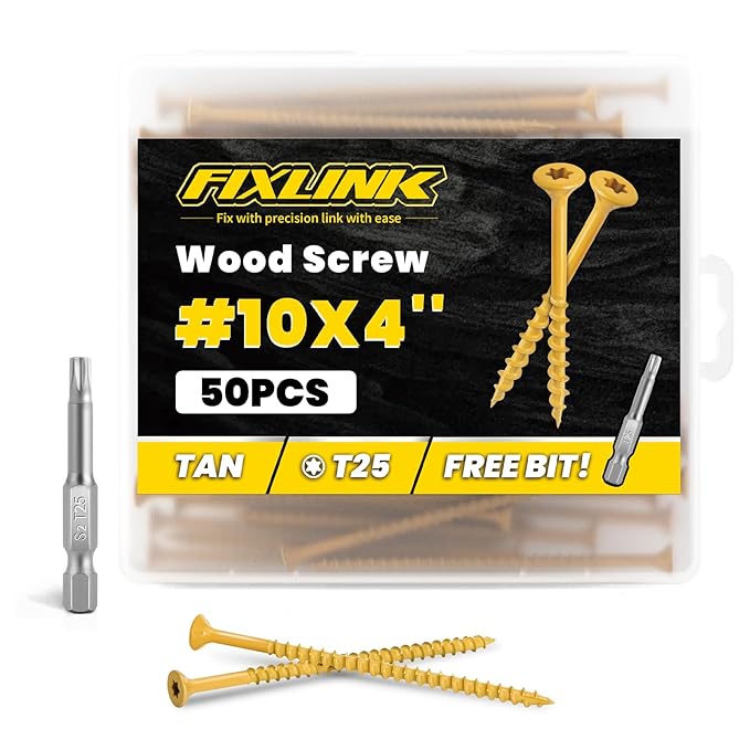 Wood Screws 4 Inch, FIXLINK Deck Screws #10 x 4, 50 PCS, Epoxy Coated, T25 Star Bit Above 1500 Hour Salt Spray Coating Outdoor Decking Screws Excellent Rust Resistant for Wood Fence, Tan