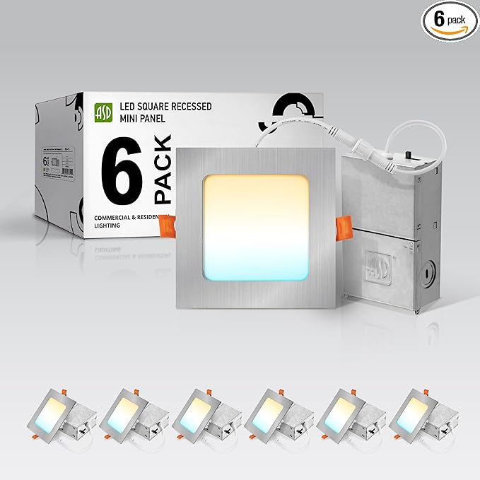 ASD 6 Pack LED Square Recessed Lighting 4 Inch, 5 CCT 2700K-5000K, 12W 50W Eqv, Ultra Thin Dimmable Ceiling Lights with J Box, Canless Wafer Downlight, Slim Panel Light, UL Energy Star, Brushed Nickel