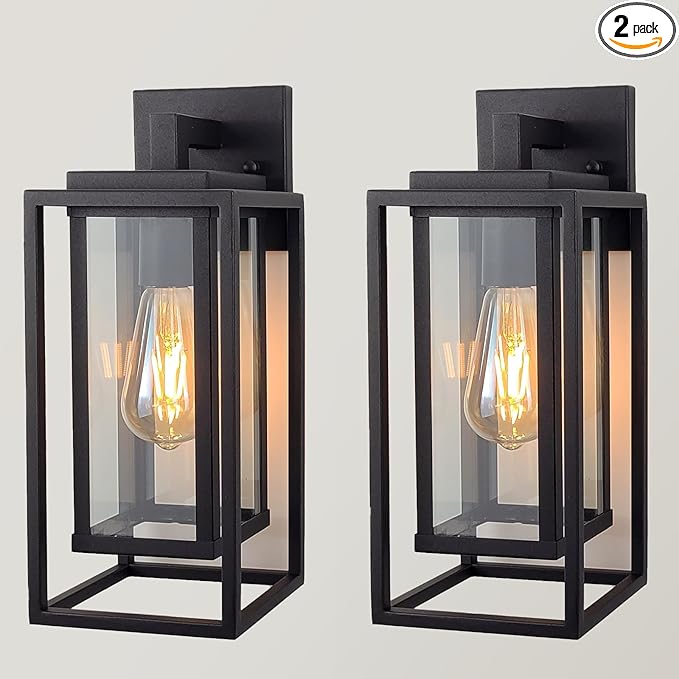 14" Outdoor Wall Light Fixtures Waterproofed Exterior Lantern W/Sturdy Rectangular Double Cage In Satin Black&Clear Tempered Glass,Sconce Mounted For House Patio,Front door,Porch,Garage Lighting 2Pack