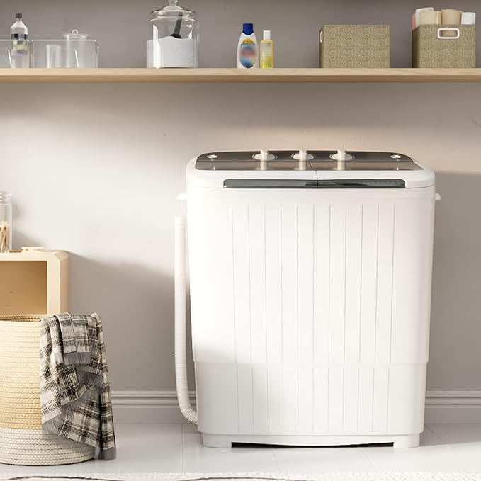 Bonusall Portable Washing Machine， 16 lbs Mini Washer and Spin Dryer Combo, Built-in Gravity Drain,Compact Laundry Washer with Drain Pump & Timer Control for Apartments, Dorms, RVs-Gray