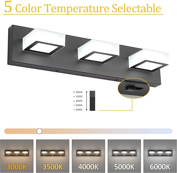 Ralbay 5 Color Temperature Modern LED Black Bathroom Vanity Lights Dimmable Acrylic Modern Black Bathroom Wall Lighting Fixtures 3 Lights