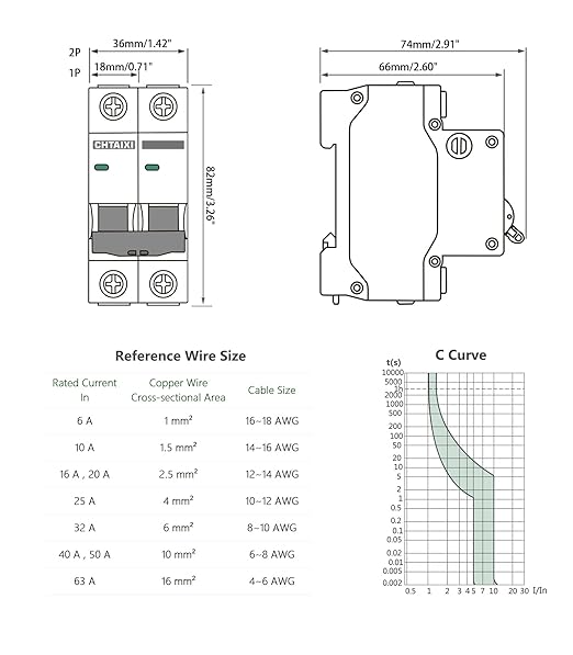 AC Miniature Circuit Breaker, 63 Amp 120V/240V 2 Pole DIN Rail Mount Circuit Breaker, Thermal Magnetic Trip, Solar AC Disconnect Switch MCB C63