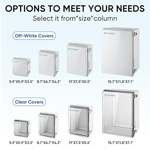 TICONN Waterproof Electrical Junction Box IP67 ABS Plastic Enclosure with Hinged Cover with Mounting Plate, Wall Brackets, Cable Glands (Off-White, 11"x7.5"x5.5")