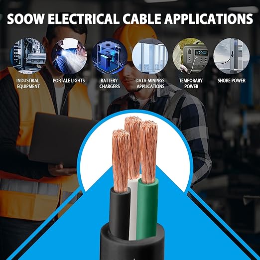 20ft 6/3 6 AWG Portable Power Cable (3 Conductor) - SOOW 600V 6 Gauge Electric Wire for Motor Leads, Portable Lights, Battery Chargers and Machinery - 3 Conductor - 20 Feet Electrical Cord