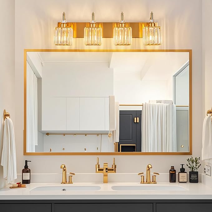 Crystal Vanity Lights Gold 4 Light Bathroom Light Fixtures Over Mirror Modern Vanity Light for Bathroom