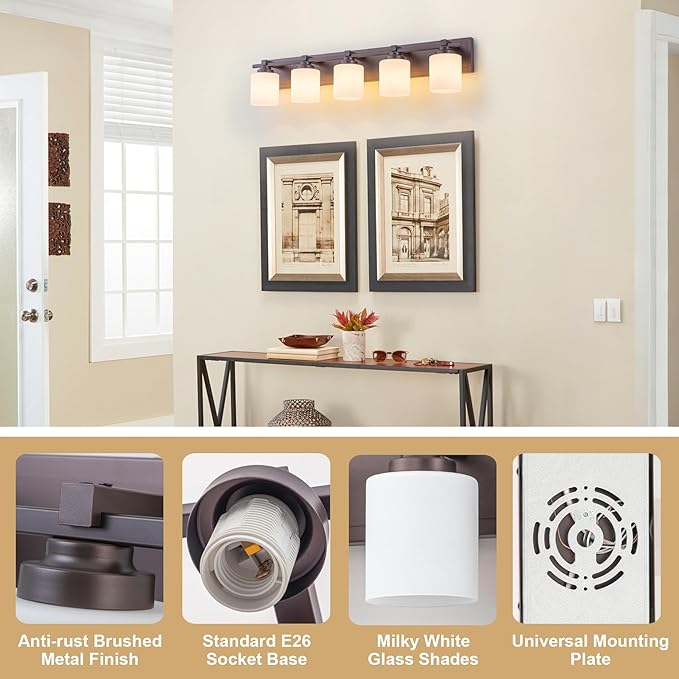 5 Light Modern Bathroom Light Fixtures Over Mirror, Bronze Finish Vanity Lights for Bathroom Wall Sconces with Milky White Glass Shades, E26 Socket (Bulbs Not Included)