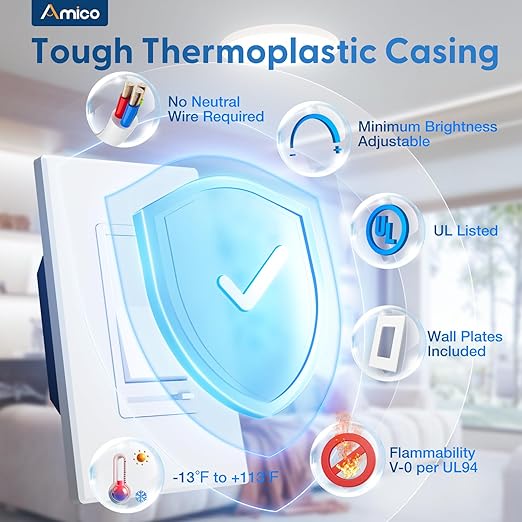 Amico 1 Pack Dimmer Light Switch, Single-Pole or 3-Way Compatible Slide Control Dimmer, Suitable for 150W LED Light/CFL/Incandescent and 600W Tungsten Bulb, Wall Plates and Screws Included, White