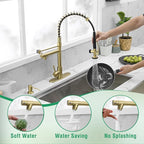 Fapully Commercial Kitchen Sink Faucet with Pull Down Sprayer Brushed Gold Single Handle Faucets for Kitchen Sink, Kitchen Faucet with Soap Dispenser and Deck Plack for 4 Hole