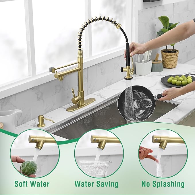 Fapully Commercial Kitchen Sink Faucet with Pull Down Sprayer Brushed Gold Single Handle Faucets for Kitchen Sink, Kitchen Faucet with Soap Dispenser and Deck Plack for 4 Hole