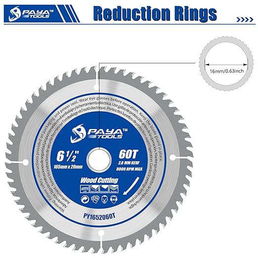 6-1/2-Inch 60-Tooth Circular Saw Blade,TCT ATB Framing Blade,20mm Bore(16mm Reduction Ring Included) for Wood Fast Cutting