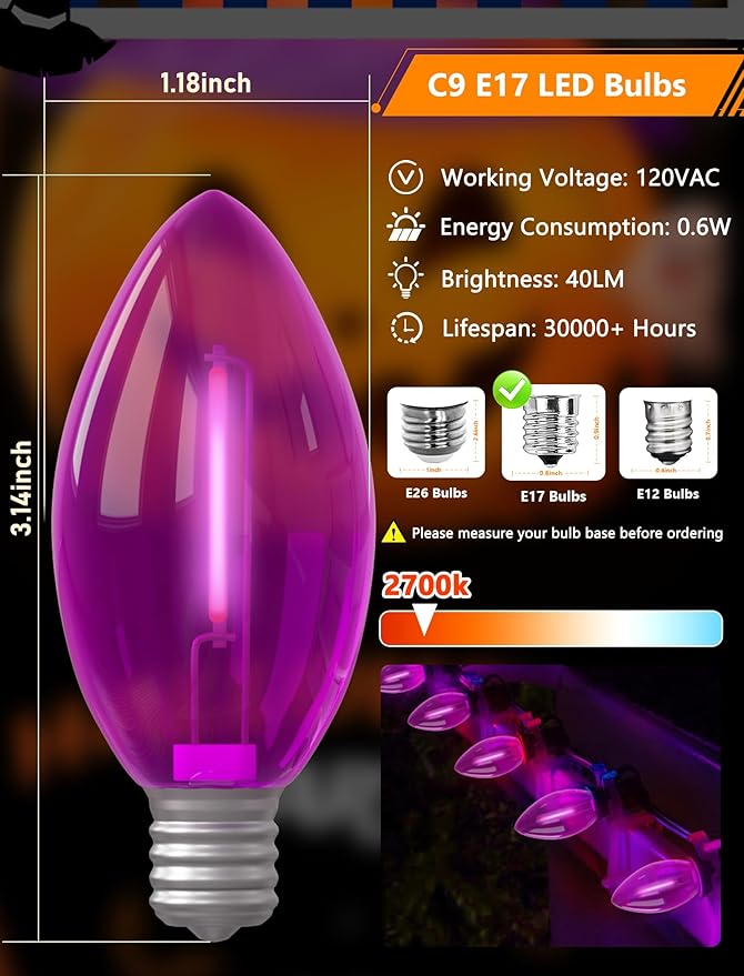 25 Pack C9 Purple Light Bulbs for Halloween, LED Replacement Bulbs, E17 Candelabra Base, 0.6W 120V, UL Listed, Plastic Shatterproof Purple Bulb for Indoor Outdoor Use