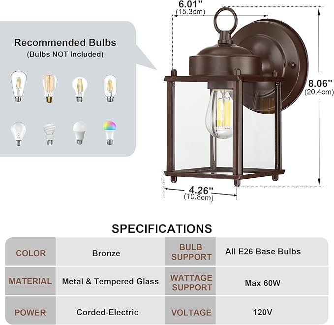 GRUENLICH Outdoor Wall Sconce, Exterior Wall Lighting Fixtures with Clear Glass, Front Porch Lighting, Anti-Rust Outside Wall Lights for Patio, Doorway, Bronze, 2 Pack
