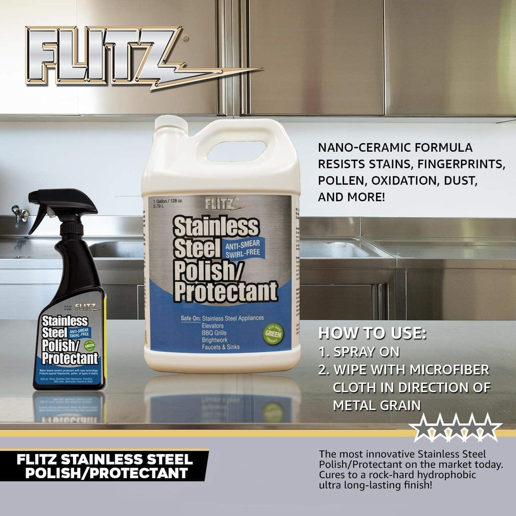 Flitz Stainless Steel Polish Protectant - 16oz Bottle, USA-Made Ceramic Coating for Stainless Steel Appliances, Repels Fingerprints & Water Spots - Aluminum & Chrome Polish & Protectant (1 Pack)