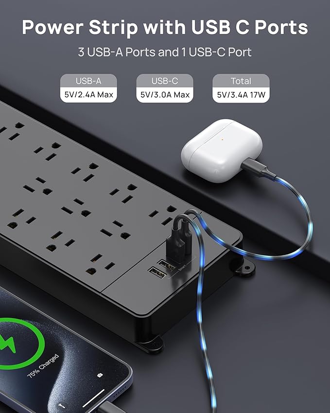 TROND Power Strip Surge Protector 10 ft Cord, 4000 Joules, ETL Listed, 13 Widely-Spaced Outlets Expansion with USB C Ports, Low-Profile Flat Plug, Wall Mount, Extension Cord, 14AWG Heavy Duty, Black