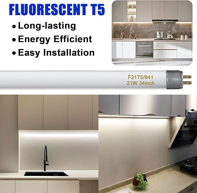 amgolibi F21T5/841 34 inch Fluorescent Tube, 21W T5 Light Bulb, 2000 Lumens, 4100K Cool White, 82+ CRI, G5 Mini-Bin Base 6 Pack