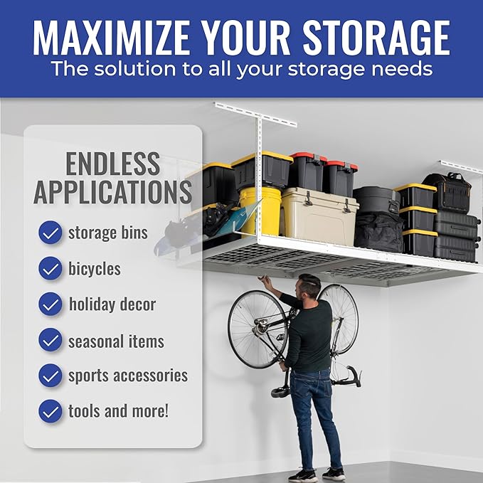 SafeRacks 4 ft x 8 ft Overhead Storage Rack Adjustable 24 in - 45in Height (White) With Accessory Pack With 5-Piece Hook Accessory Pack