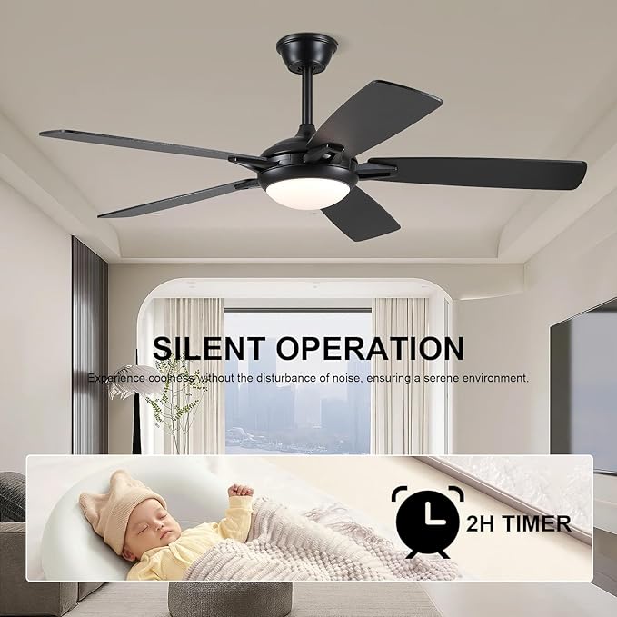 52 Inch Ceiling Fans with Lights and Remote, Modern Indoor Outdoor Ceiling Fan for Bedroom Living Room Patio Porch, 6 Speeds, Reversible Quiet Motor, Dual Finish Wooden Blades, Black