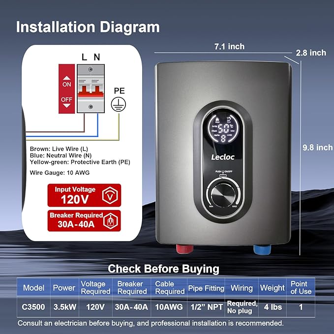 Under Sink Hot Water Heater 3.5kW 120V Hard-wired, LED Digital Display with Knob Control, Multiprotective, IPX4, 30-55℃ On Demand Mini Tankless Electric Water Heater for Kitchen, Bathroom Sink
