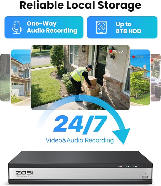 ZOSI C220 16CH 4K PoE Home Security Camera System, 16 Channel 4K 8MP NVR with 4TB HDD for 24/7 Record, 8 x 4MP(1440p) QHD 2.5K Dome IP Cameras Outdoor Indoor, Smart AI Human Detection, Two-Way Audio