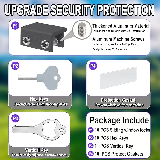 Window Locks,(10 Sets) Sliding Window Locks with Key,Window Locks Security for Up and Down Windows,Adjustable Aluminum Window Stopper,Easv to Install Vertical Window AC Unit Security Lock (Gray)
