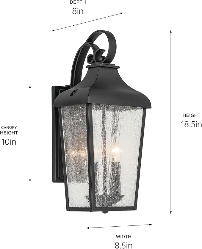 KICHLER Forestdale 18.5" 2-Light Outdoor Wall Light with Clear Water Glass in Textured Black for Exterior Doors, Garage, Porch, Patio Walls (18.5" x 8.5"), 49736BKT