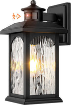 Motion Sensor Outdoor Wall Lantern, Updated Dusk to Dawn Outdoor Lighting, Exterior Light Fixtures, Black Porch Lights & Outside Wall Sconces with Water Rippled Glass for Patio Garage Entryway House