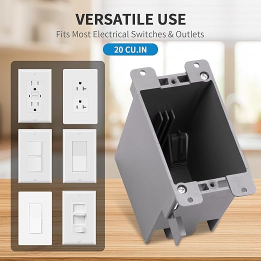50 PK Old Work Electrical Outlet Box 1 Gang, 20 Cubic Inch Plastic Remodel Drywall Junction Boxes, ETL Listed to UL514C and UL263, Fire Rated for Two Hours