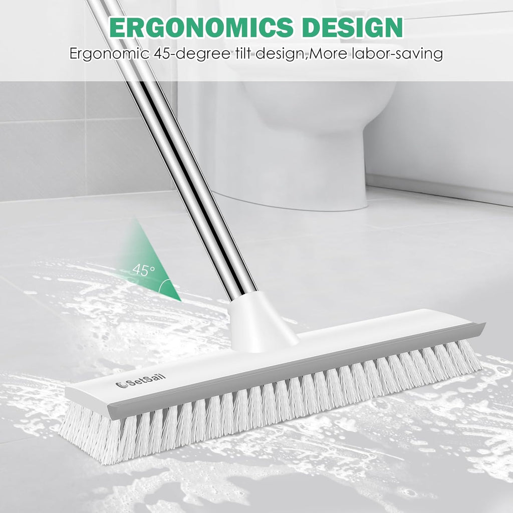 SetSail Upgraded Large 12 in Wide Floor Scrub Brush with 51-Inch Long Adjustable Handle 2 in 1 Scrape Brush Stiff Bristle Floor Scrubber for Cleaning Shower Bathroom Garage Kitchen Wall Deck Tub Tile