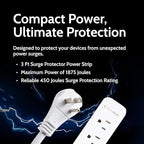 Precision Power Flat Plug Surge Protector Extension with 3 feet Cord – Compact Heavy Duty Power Strip & Flat Plug with 3 AC Outlets, 3 USB Ports for Home and Office