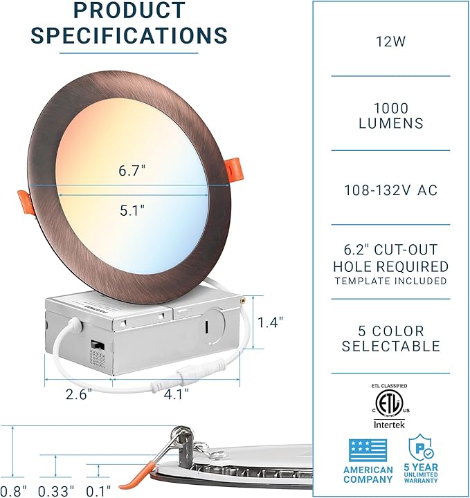 PARMIDA (6 Pack) 6 Inch 5CCT Ultra-Thin LED Recessed Lighting with J-Box, 2700K/3000K/3500K/4000K/5000K 5 Color Selectable, 12W, Dimmable, Canless Slim Panel Lights, ETL, Oil Rubbed Bronze Finish