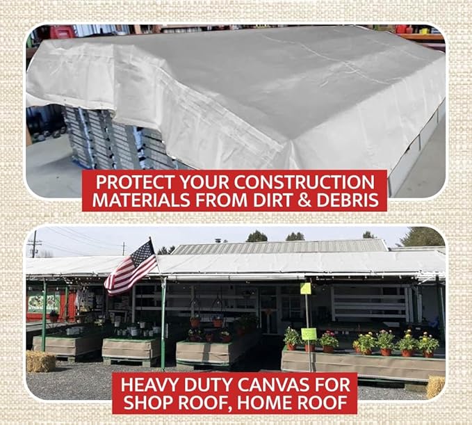 Mytee Products 12' x 20' White Canvas Tarp 12oz - Water Resistant & Breathable - Heavy Duty Tarps - Multipurpose Tarpaulin Cover for Camping Tent