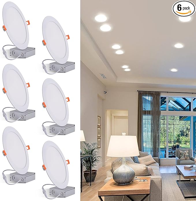 8 Inch LED Recessed Light with Junction Box, 6 Pack Ultra Thin LED Recessed Lighting.4000K Cool White, No Dimmable,18W 110V Eqv.Recessed Ceiling Canless Lights.Slim Can-Killer Downlight