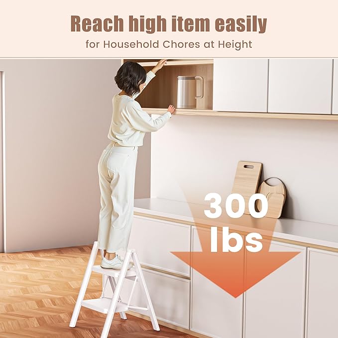 GameGem 2 Step Ladder Portable Folding Step Stool with Anti-Slip Pedal, Lightweight Stepladder Multi-Use for Home and Kitchen, Saving Space, White, 300lbs
