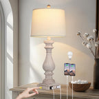 27.5" Farmhouse Table Lamp for Living Room,Vintage Bedside Lamp with USB C+A Ports & AC Outlet,3-Way Dimmable Touch Control Gray Washed Finish Nightstand for Bedroom, Single Gray