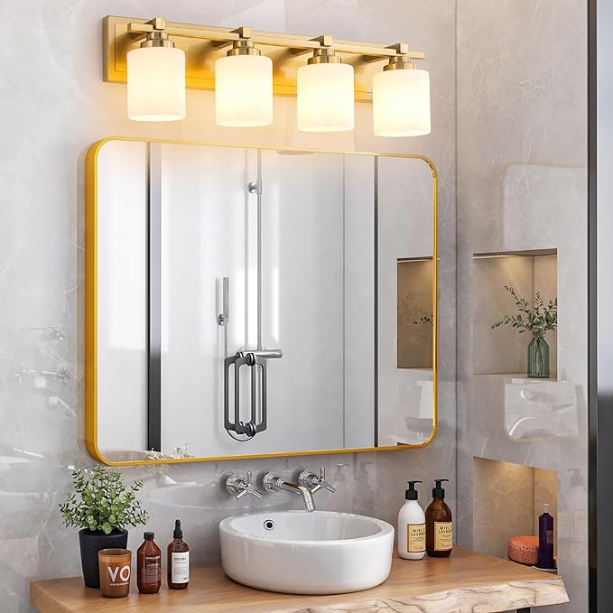 4 Light Modern Bathroom Light Fixtures Over Mirror, Brass Finish Vanity Lights for Bathroom Wall Sconces with Milky White Glass Shades, E26 Socket (Bulbs Not Included)