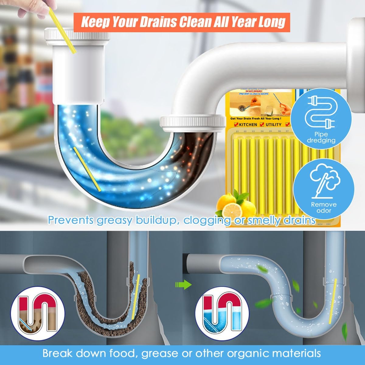 Drain Sticks Bio-Flow Drain Cleaner Sticks Lemon Scent Odor Remover for Sink Pipe Cleaning