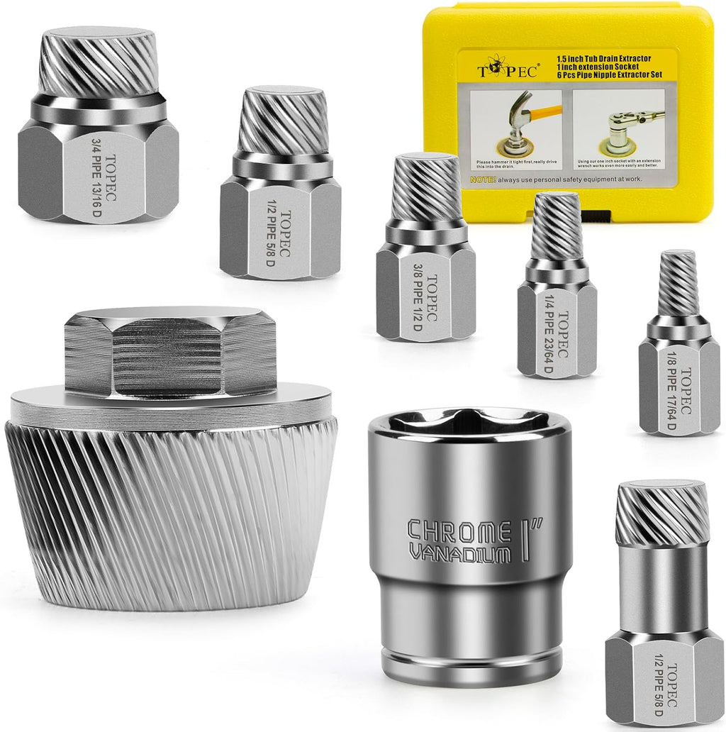 Topec 1.5'' Tub Drain Extractor, 8PCS Pipe Nipple Extractor Set with 1-inch Socket, Remove the Old, Broken, Stubborn, Rusted Drain Tub Bathtub Remover, Strong Grab Plumbing Tools with Storage Case