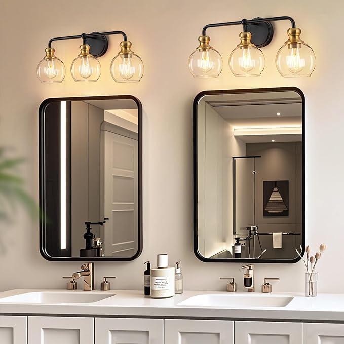 Black and Gold 3-Light Bathroom Vanity Fixture with Clear Glass Shades Modern Wall Lamp Suitable for Bathrooms, Dressing Rooms