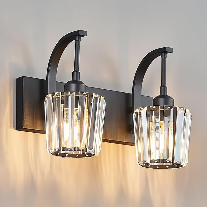 Modern Bathroom Vanity Light, 2-Light Black Wall Sconce with Crystal Accents, Over Mirror Bathroom Lighting Fixture, 13.77" Long Dimmable Vanity Lamp for Makeup, Easy Installation