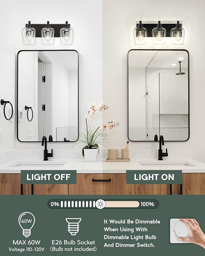 Bathroom Light Fixtures, 3-Light Modern Vanity Light with Clear Glass Wine Glass-Shaped Shade, Vanity Lighting Fixtures Over Mirror, Matte Black, VL155-MB-3