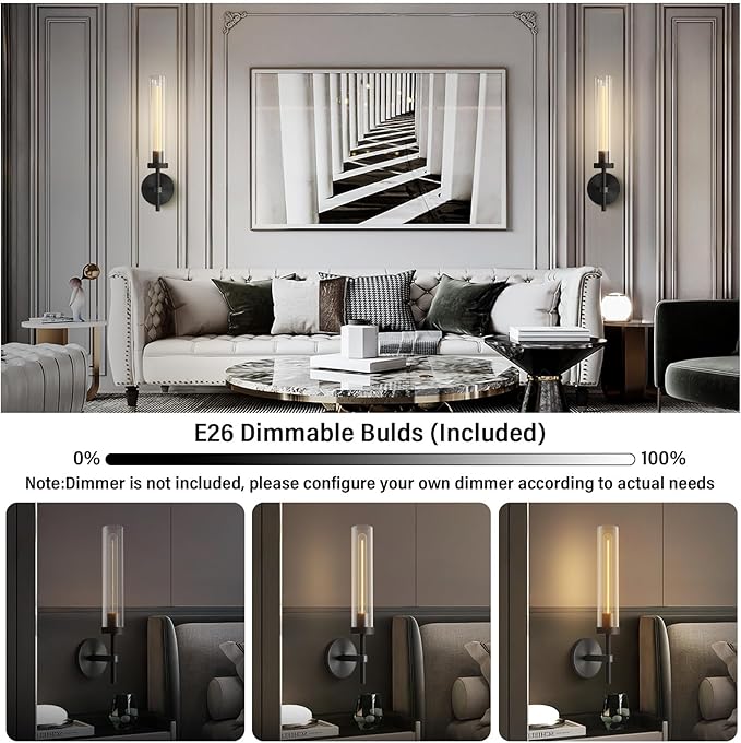 Black Wall Sconces 19.48'' Knurled Texture Indoor Wall Light Fixtures, Bathroom Vanity Light Fixtures with Clear Glass, Modern Wall Lamp for Bathroom Living Room Bedroom Hallway