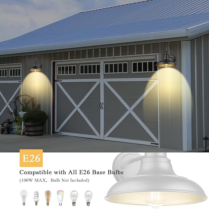 Outdoor Barn Light Fixture, 12.3 Inch Large Dome Farmhouse Wall Mount Light Gooseneck Wall Sconce Exterior Wall Lighting Fixture Industrial Black Finish Lantern for Porch with Gold Interior, 1pack