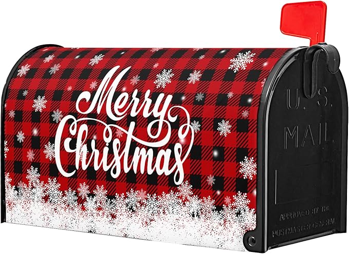 Kawani Merry Christmas Mailbox Cover Winter Snowflake Red Black Buffalo Plaid Christmas Decorative Mailbox Cover Magnetic Standard Size 25.5x21 Inch Xmas Post Box Cover Wraps for Garden Yard Decor