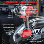 3/4" Cordless Impact Wrench Compatible with Milwaukee 18V Battery: 1850FT-LBS(2500N.m) High Torque Impact Driver, Auto-Stop Reverse, 4-Speed Heavy Duty Impact for Car/Truck/Mower(Bare Tool)