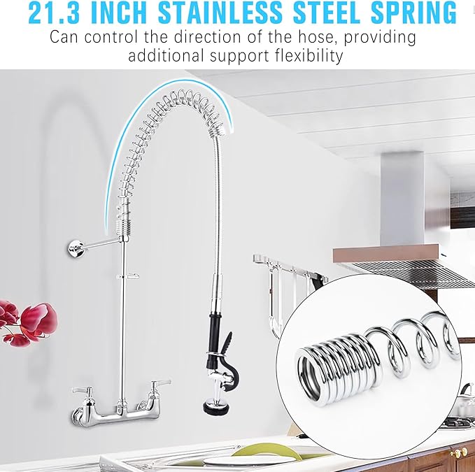 Spray Valve with 60" Flexible Stainless Steel Hose & Pre-Rinse Overhead Spring, Commercial Faucet Flexible Hose with Spray Head Replacement Kit for Commercial Restaurant Industrial Kitchen Sink Faucet