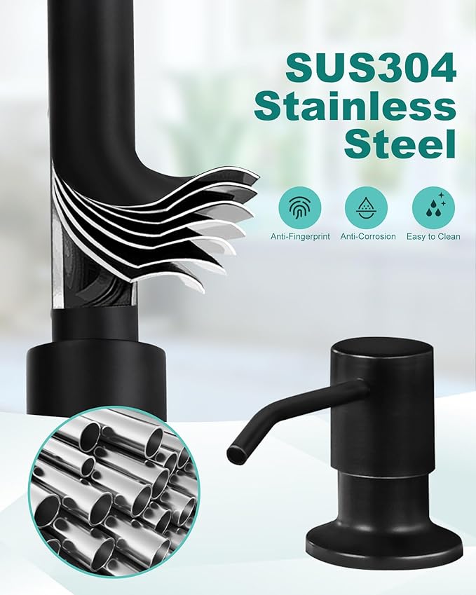 Black Kitchen Faucet with Soap Dispenser: 3-Function Kitchen Faucet with Pull Down Sprayer - Stainless Steel Single Handle Sink Faucet with Deck Plate for Farmhouse Laundry